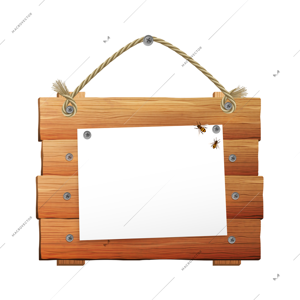 Village style wooden sign with blank paper sheet hanging on rope isolated on white background vector illustration