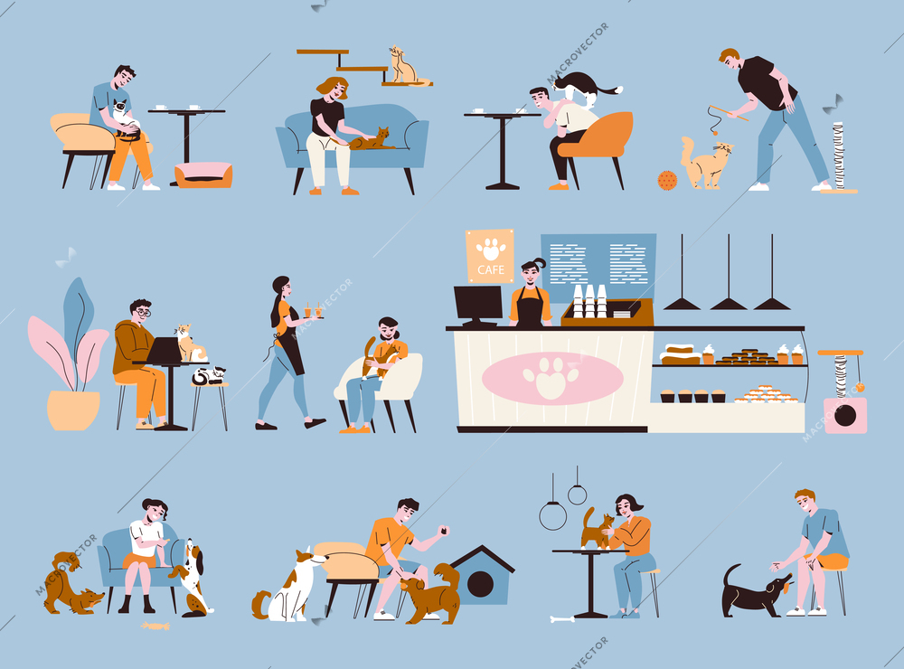 Pets cafe interior flat set on color background with happy people playing and stroking cats and dogs isolated vector illustration