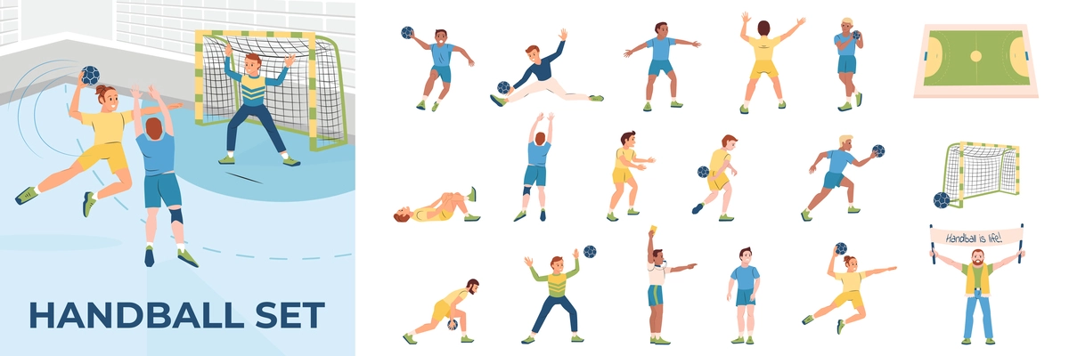 Flat composition set of handball players during game court referee and sport fan isolated vector illustration