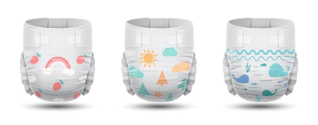Baby diapers design realistic set with various colorful patterns isolated vector illustration