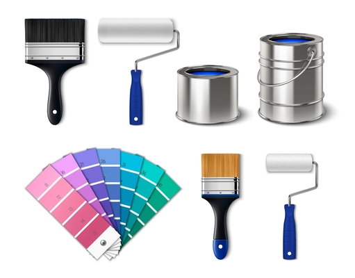 Painting tools realistic set with isolated palette paint cans rollers and paintbrushes vector illustration