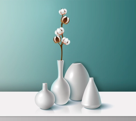 Modern ceramic porcelain vases with cotton branch for interior design realistic vector illustration