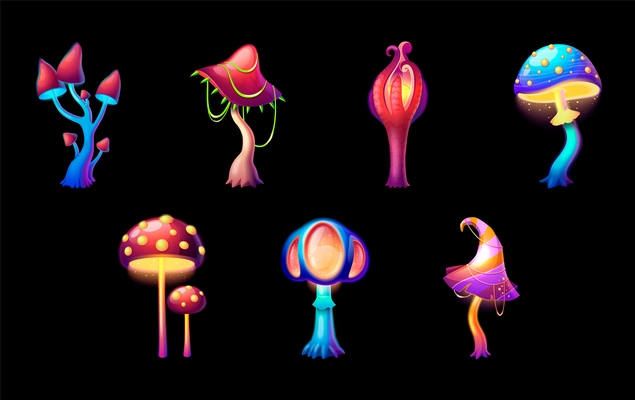 Cartoon set of various glowing magic mushrooms on black background isolated vector illustration