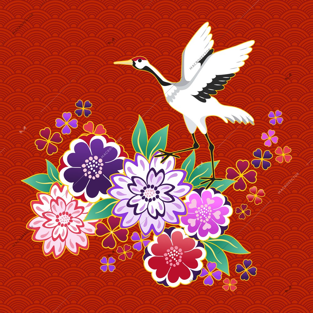 Kimono decorative motif with flowers and crane vector illustration