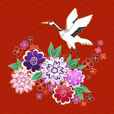 Kimono decorative motif with flowers and crane vector illustration