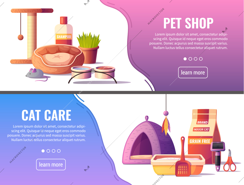 Pet shop horizontal website banners set with accessories for keeping cats isolated cartoon vector illustration