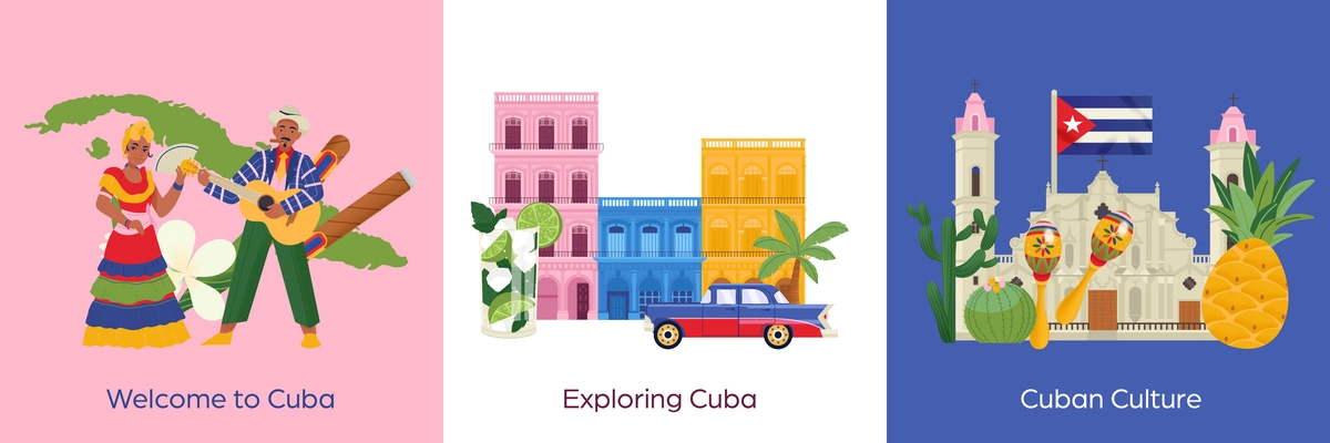 Cuba travel flat design concept with dancing cuban people and culture elements isolated vector illustration