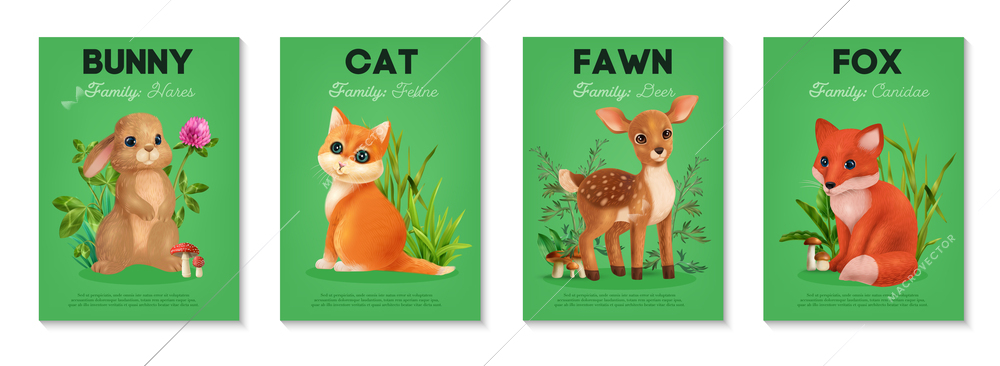 Realistic young animal poster set with vertical compositions of bunny cat fawn and fox with text vector illustration