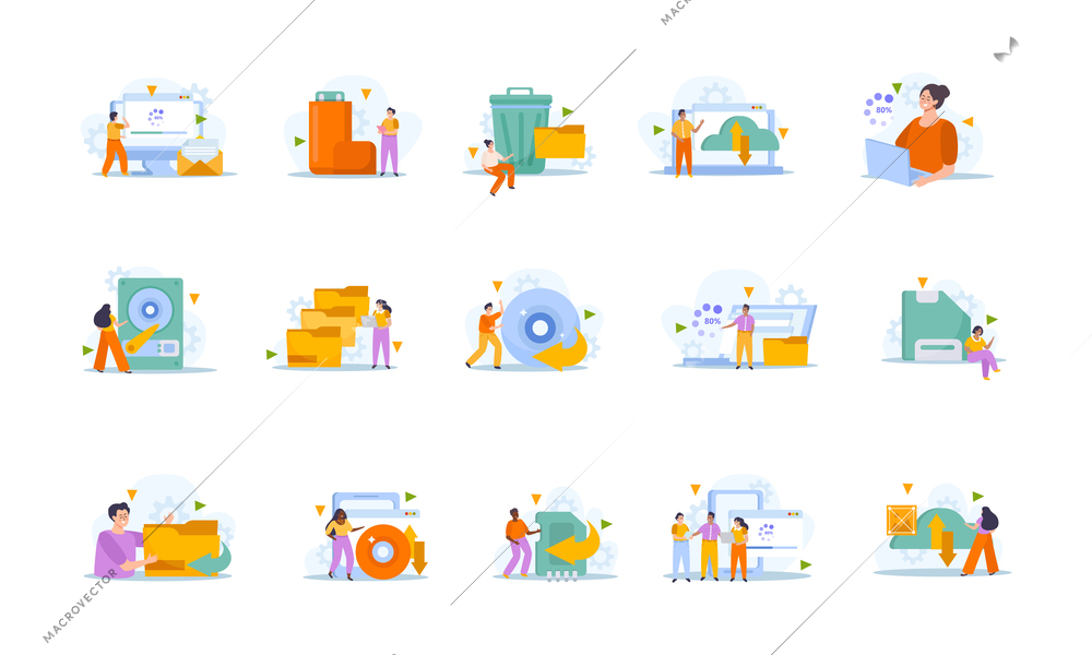 Backup data recovery set with computer symbols and human characters flat isolated vector illustration
