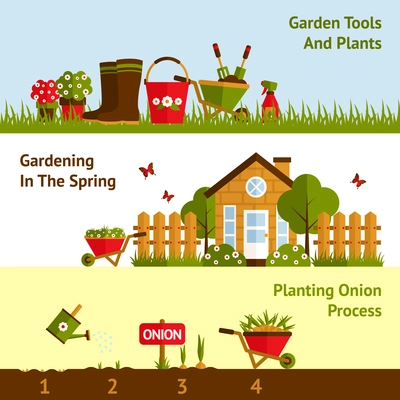 Gardening horizontal banners set with planting process plants and tools isolated vector illustration