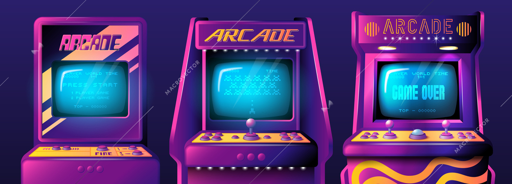 Realistic arcade game machine set with isolated front views of retro gaming machines with various interface vector illustration