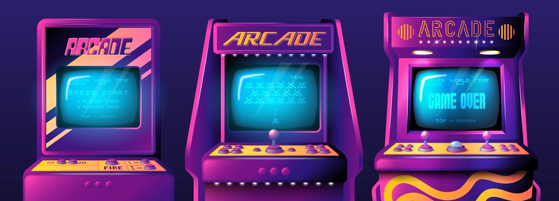 Realistic arcade game machine set with isolated front views of retro gaming machines with various interface vector illustration