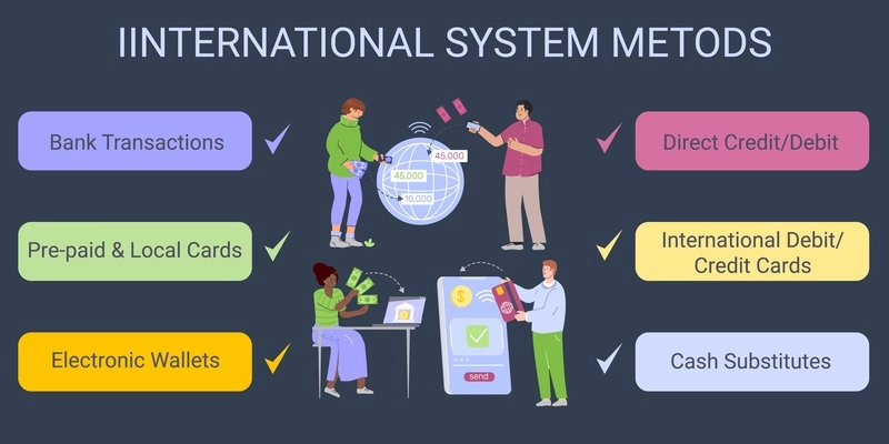 International system methods flat infographic with bank transaction electronic wallets direct credit cash substitutes elements vector illustration