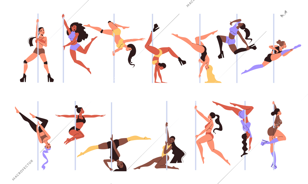 Pole dance set with young slim women in various positions flat isolated vector illustration