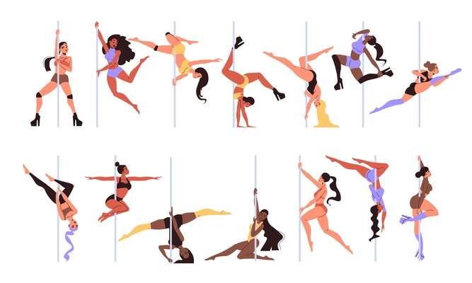 Pole dance set with young slim women in various positions flat isolated vector illustration