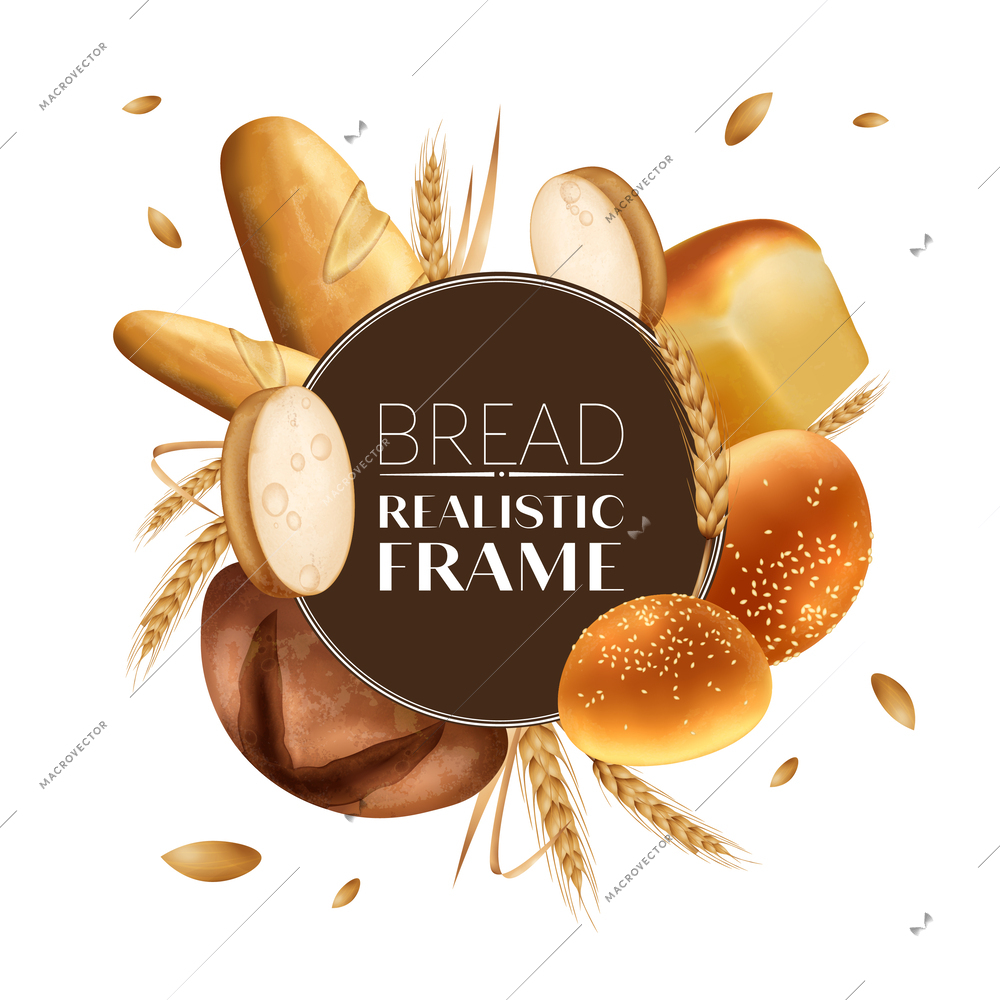 Bakery realistic round frame with bread loaves and ears of wheat vector illustration