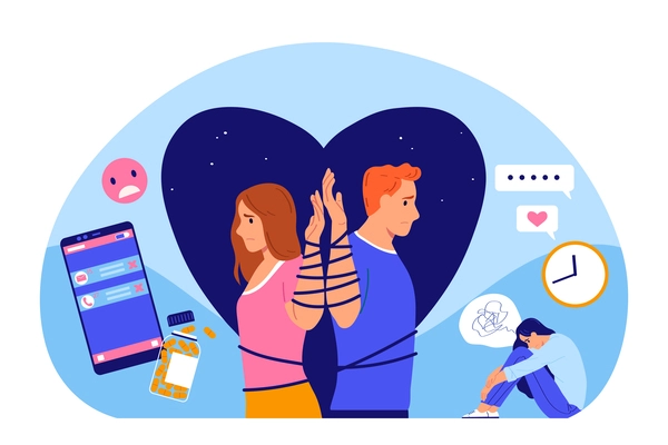 Love addiction flat design concept depicting psychological dependence in relationships of man and woman vector illustration