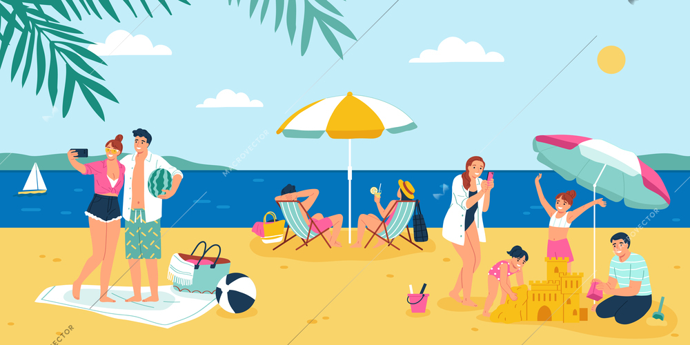 People spending vacation on beach taking photos making sandcastle relaxing and drinking cocktails flat vector illustration