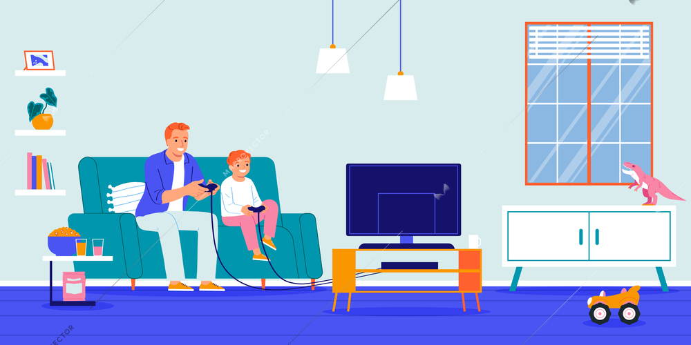 Father playing video game on tv with his son flat vector illustration