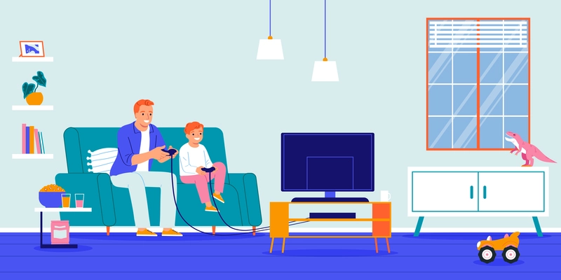 Father playing video game on tv with his son flat vector illustration
