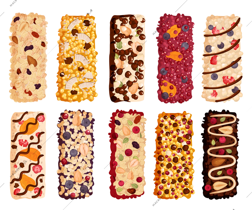 Healthy granola protein bars set with ten isolated top view images of snacks on blank background vector illustration