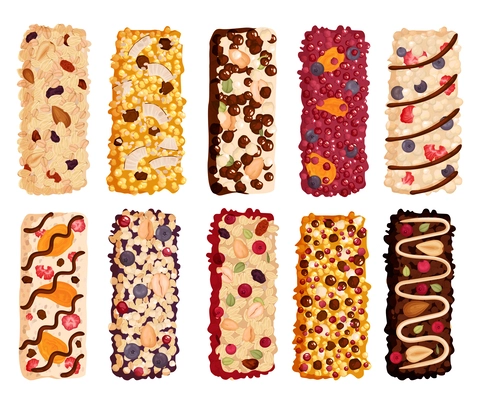 Healthy granola protein bars set with ten isolated top view images of snacks on blank background vector illustration