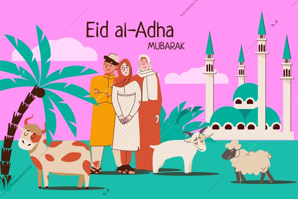 Muslim holidays flat composition with icons of cow goat and sheep with human characters and mosque vector illustration