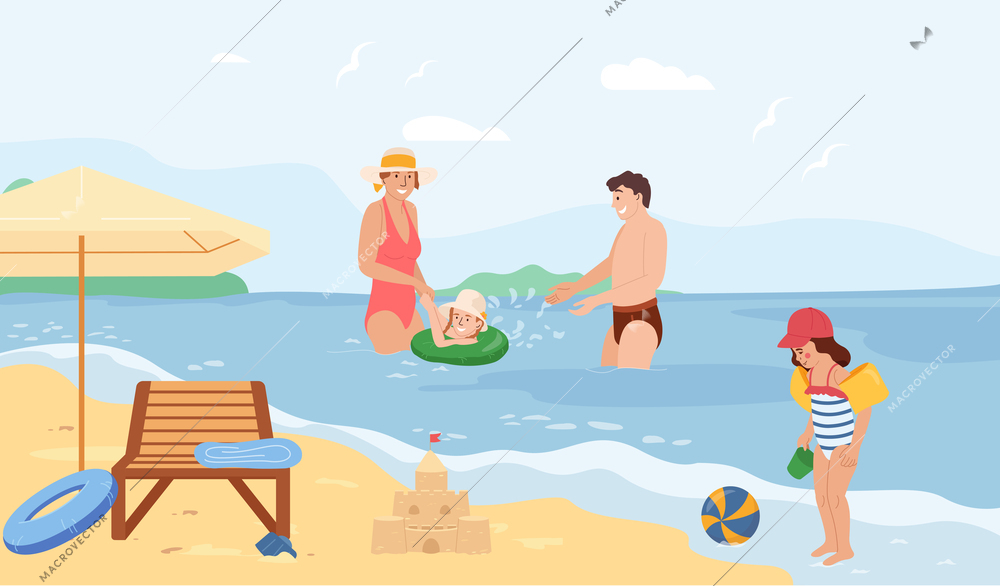 Kids water safety flat composition with sandy beach outdoor background parents and children bathing in sea vector illustration