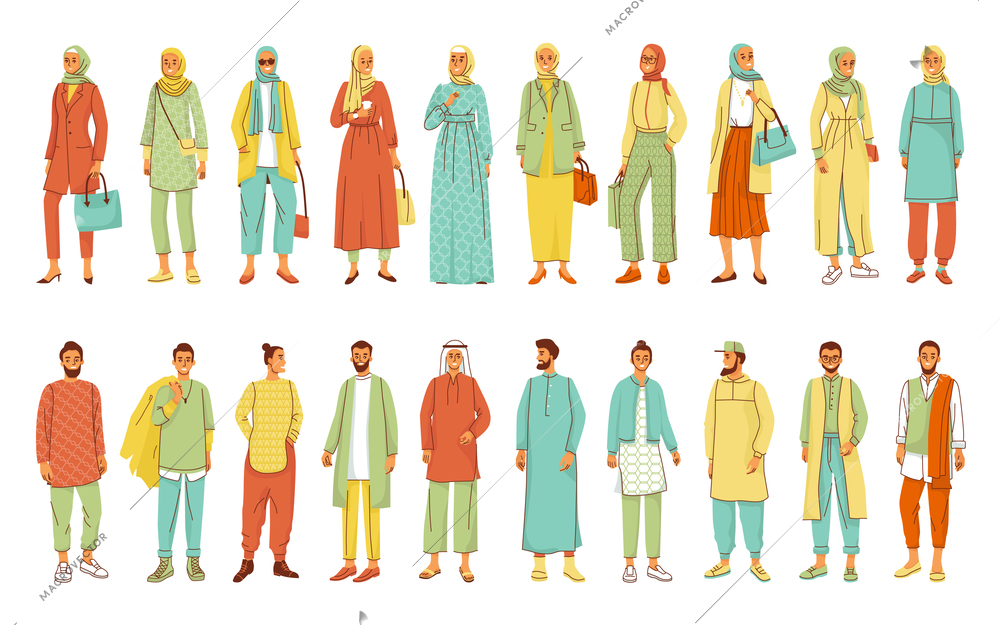 Muslim clothes flat colored set of men and women in modern trendy national clothing isolated vector illustration