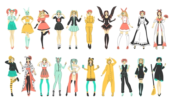 Cosplay anime set with subculture symbols flat isolated vector illustration