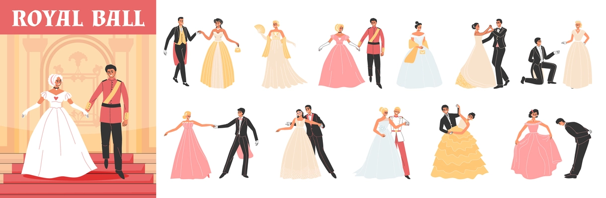 Royal ball composition with elegant evening dress symbols flat isolated vector illustration