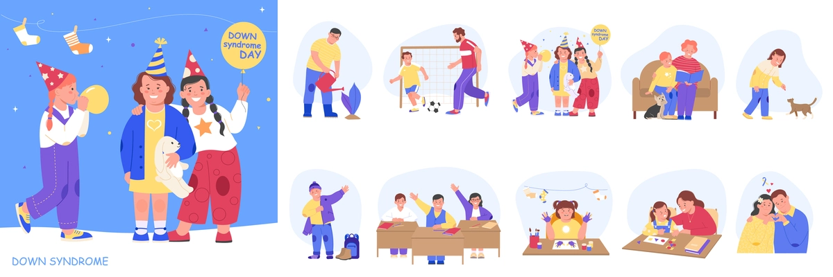 Downs syndrome flat composition set with down day celebrations and variety of skill development fun and education for children and teens vector illustration