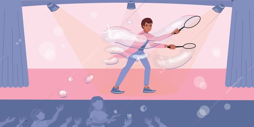 Soap bubbles show flat composition with male bubble artist performing on stage with silhouettes of audience vector illustration