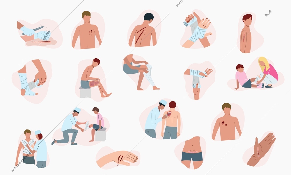 Wound people flat set of isolated icons with faceless human characters of wounded men and doctors vector illustration