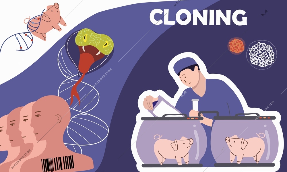 Cloning genetics composition with collage of flat icons scientist with pigs and similar men with barcodes vector illustration