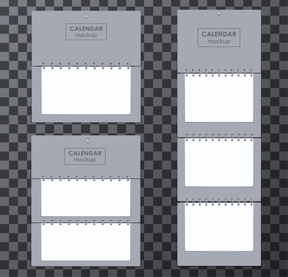 Realistic set of blank spiral binder calendar mockups isolated on transparent background vector illustration