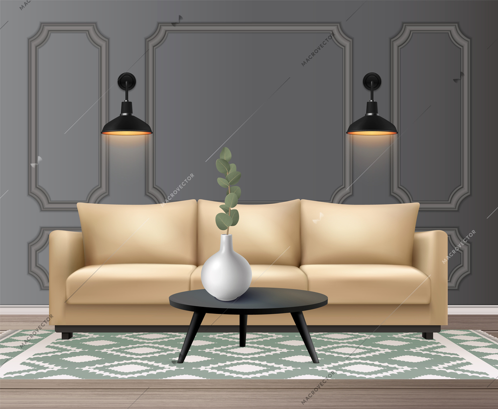 Living room classic interior in realistic style with sofa coffee table and glowing wall lamps vector illustration