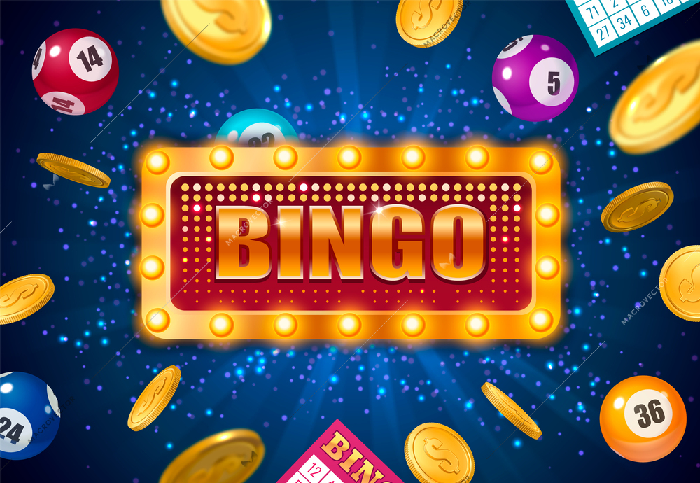 Bingo lottery winner poster in realistic style with balls and coins on sparkling blue background vector illustration