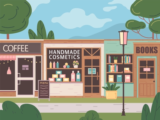 Small business facades in flat style with coffee handmade cosmetics and book shops vector illustration