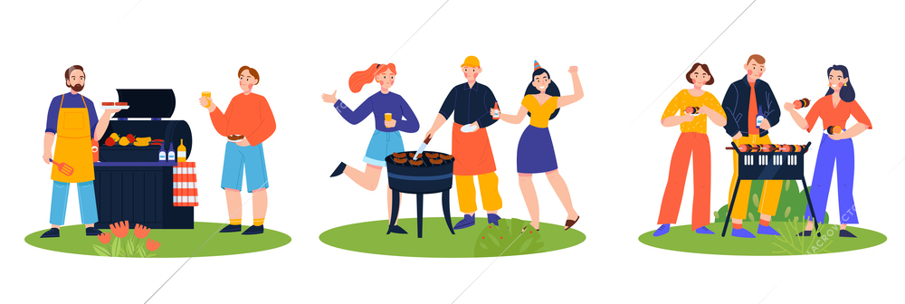Barbecue flat compositions set of people having picnic outdoors isolated vector illustration