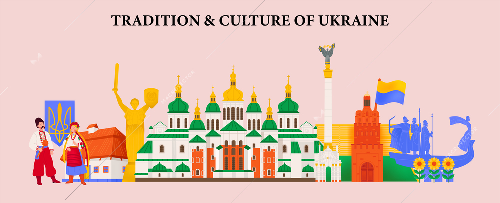 Traditions and culture of ukraine horizontal poster with historical and  architectural sights and monuments vector illustration