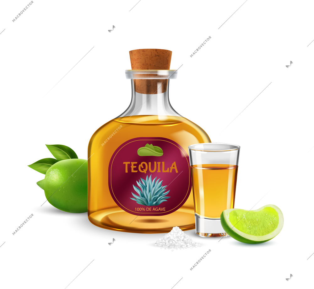 Bottle of mexican tequila with wineglass decorated by lime realistic colored composition at white background vector illustration