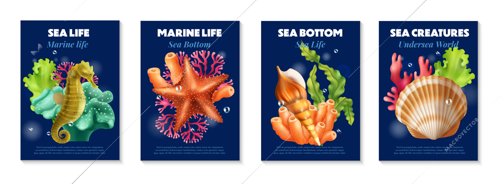 Marine wild life realistic poster set decorated with sea and ocean inhabitants of flora and fauna vector illustration