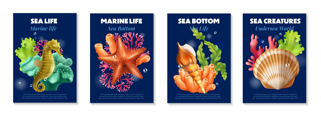 Marine wild life realistic poster set decorated with sea and ocean inhabitants of flora and fauna vector illustration