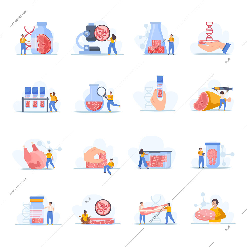 Artificial grown meat set of flat isolated icons with microscopes test tubes food and human characters vector illustration