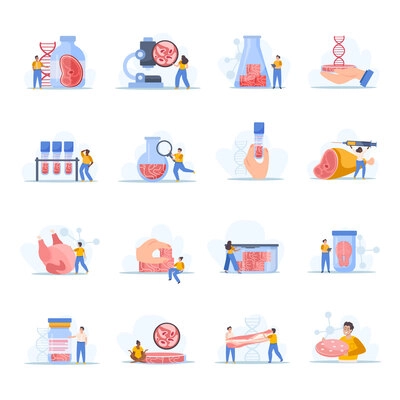 Artificial grown meat set of flat isolated icons with microscopes test tubes food and human characters vector illustration