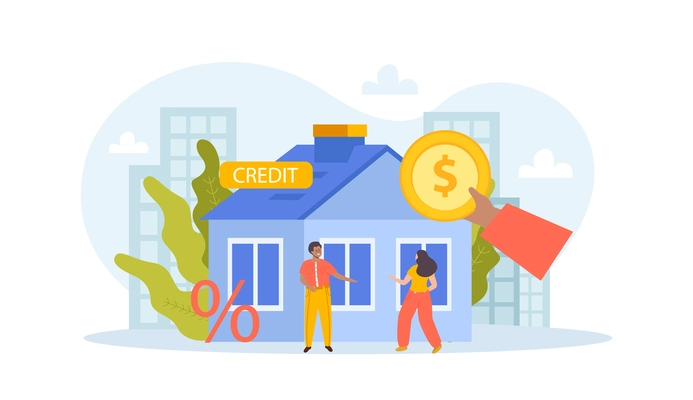 Credit score flat composition with cityscape background and doodle human characters with coins and new house vector illustration