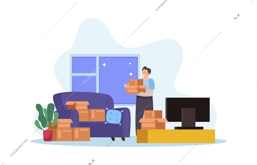 People with boxes flat composition with indoor view of apartment with male character and box stacks vector illustration