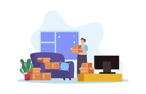 People with boxes flat composition with indoor view of apartment with male character and box stacks vector illustration