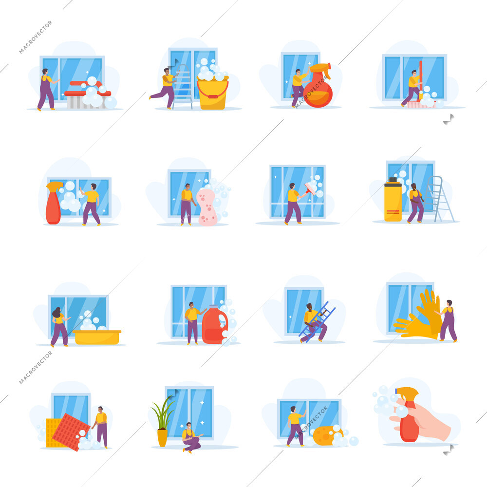 Window cleaning set of flat isolated icons with house windows of various size and worker characters vector illustration